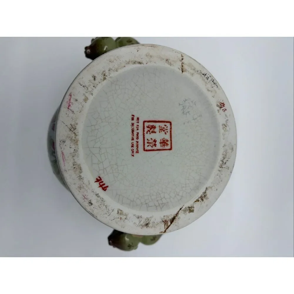 Vintage Chinese Jarndiniere Crackle Glazed Fruit Handles Hand Painted 7 Inches